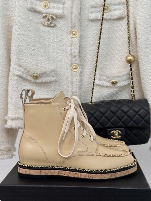 Chanel Calfskin Wood Ankle Boots with Chain Beige 2024