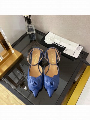 Chanel Camellia Lambskin Mid-Heel 5cm Slingback Pumps 2022 Collection,Blue