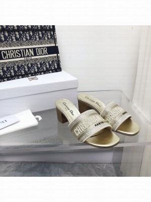 DIOR DWAY HEELED SLIDE With Crystal Embroidered Cotton Gold 2022 Collection ,Gold