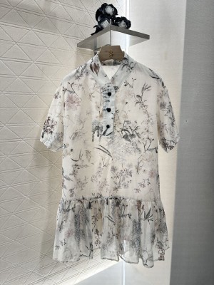 Christian Dior Short Sleeve Dress White Cotton Muslin with Multicolor Millefiori Motif