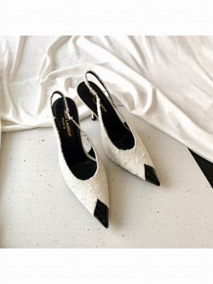SAINT LAURENT 9CM VESPER SLINGBACK PUMPS IN BOUCLÉ TWEED WHITE