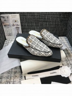 Chanel Chain Embellished Mules Tweed/Lambskin Leather Spring/Summer 2021 Collection, White/Black