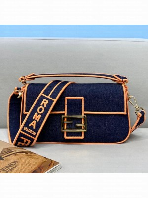 Fendi Baguette Medium Denim Flap Bag Dark Blue/Orange  2021 Collection