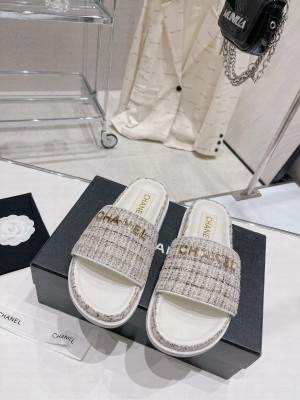 Chanel Tweed Flat Slide Sandals 2023SS Gray