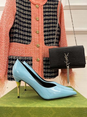 Gucci 8.5cm Metal heel Pointed Blue Patent leather Pumps