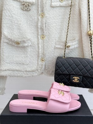 Chanel Quilted Lambskin  Flat Slides Sandal with Foldover Pink 2025 