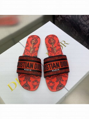 Dior Dway Flat Slides in Black and Red Cotton with Dior Bandana Embroidery 2023 Collection 16