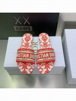 Dior Dway Flat Slides in Red and White Cotton with Dior Bandana Embroidery 2023 Collection 17