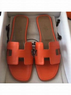 Hermes Oran Flat Slipper Sandals in Swift Box Calfskin Orange 02
