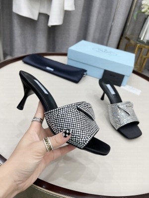 Prada 6cm Satin slides sandals With Cryscals Mule 2022 Collection,Silver