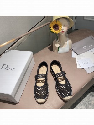 DIOR CARO ESPADRILLE BALLERINA FLAT Black Mesh Embroidery