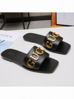 Gucci Gold Signature Calfskin Slide Sandals Black 2021 (For Women and Men) Collection