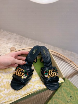 Gucci Calfskin Heel Slide Sandals with Crystal Charm 7.5cm Black 2023