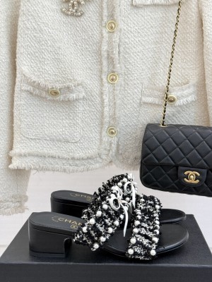 Chanel Tweed & Pearls Heel Slides Sandal 5cm with Bow Black 2025