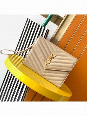 Yves Saint Laurent MONOGRAM CLUTCH IN QUILTED GRAIN DE POUDRE EMBOSSED LEATHER A617662 apricot