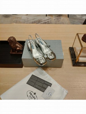 Prada Brushed leather 5cm Metal Toecap Slingback Pumps Silver