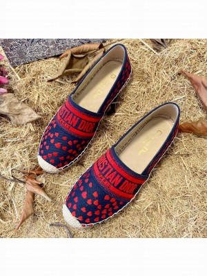 Dior Granville Espadrilles In Navy Blue and Red Hearts I Love Paris Embroidered Cotton 2021