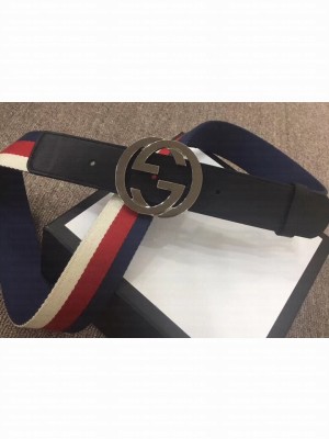 Gucci Width 4cm Sylvie Web and Leather Belt Black with Interlocking G Buckle