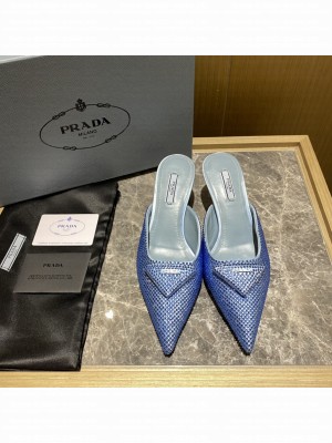 Prada Women's 5.5cm Satin Mule Sandals With Crystals 2022 Collection,Blue