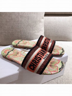 Dior Dway Embroidered Cotton Flat Slide Sandals Green/Pink Spring/Summer 2021 Collection