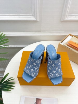 Louis Vuitton Silhouette Slide Sandals 10cm in Leather and Monogram Denim Mule 2023 Sky Blue