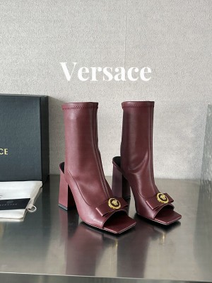 Versace Gianni Ribbon Open Ankle Boots 10.5cm in Strentch Leather Burgundy