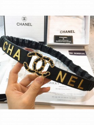 Chanel Stretch Pleated Leather Belt 30mm with CC Buckle AA0538 Black 2019 Collection