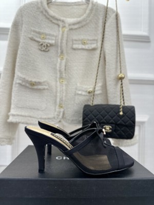 Chanel Peep toe Heel 8cm Mesh Mule Black