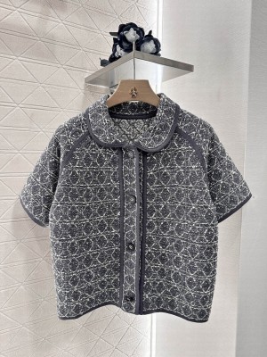 Christian Dior Macrocannage Short-Sleeved Jacket Gray Cotton-Blend Tweed Knit with Silver-Tone Metallic Thread