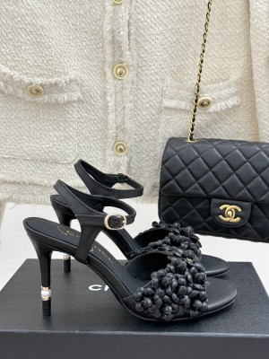 Chanel Lambskin Heel slingbacks Sandal 8cm with Camellia Bloom Black 2025