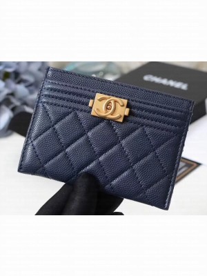 Chanel Caviar Leather Boy Card Holder A84431 Navy Blue