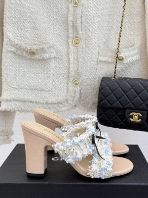 Chanel Tweed & Pearls Heel Slides Sandal 9cm with Bow Beige 2025