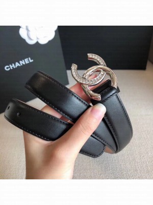 Chanel Width 2.5cm Smooth Calfskin Belt With Crystal CC Buckle Black 2020 Collection