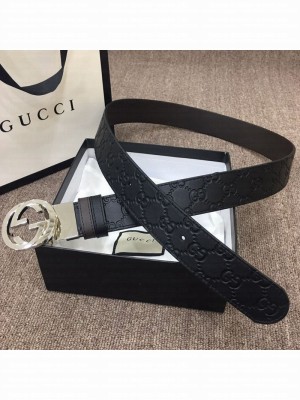 Gucci GG Embossed Calfskin Belt 37mm with Interlocking G Buckle Black/Silver 2019 Collection