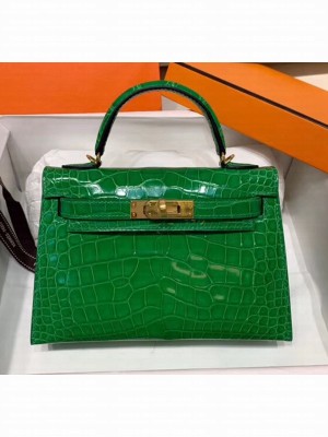 Hermes Mini Kelly II Handbag in Glossy Real Alligator Leather Bright Green (Handmade) Collection