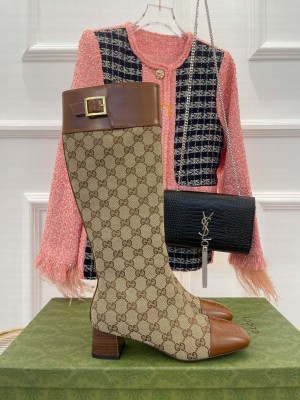 Gucci 4.5cm Beige GG Canvas Knee-High Boots with Buckle
