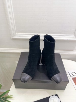 Chanel Suede & Calfskin Leather Heel Ankle Boots 9cm Black 2024 