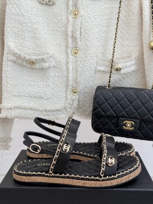 Chanel flat double C with chain sandals Black leather 2025