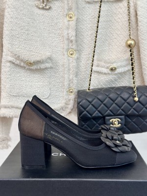 Chanel 6.5cm Mesh Camellia Pumps Black