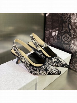 Dior J'Adior Slingback Pumps 6.5cm in Black and White Cotton Embroidered with Plan de Paris Motif 2023