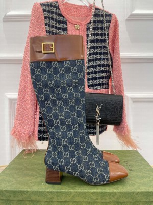 Gucci 4.5cm Blue GG Canvas Knee-High Boots with Buckle