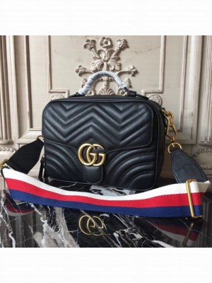 Gucci GG Marmont Chevron Quilted Top Handle Camera 25cm Bag Calfskin Leather 498100 Fall/Winter 2017 Collection, Black