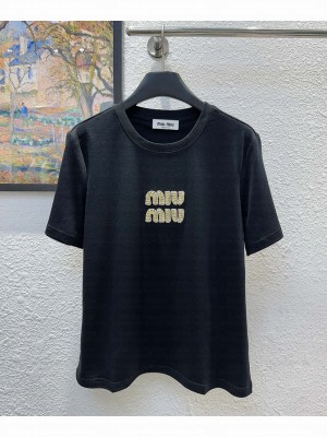 Miumiu Women's Letter Beaded T-shirt Black