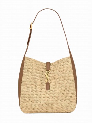 Saint Laurent Le 5 A 7 Supple Small In Raffia And Leather Coffee