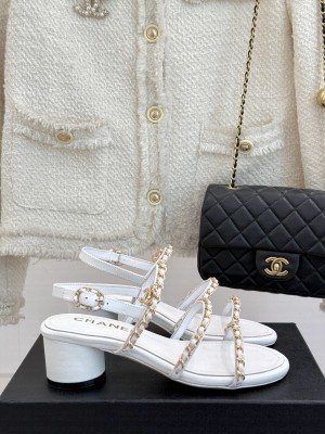 Chanel Lambskin Heel Sandals with Chain Strap white 2025 G45667