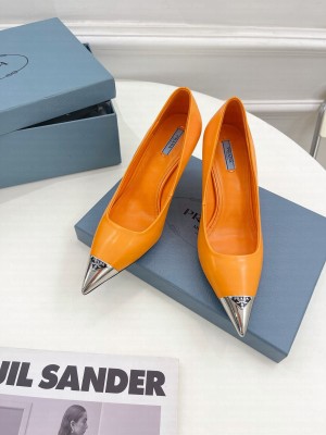 Prada Brush Leather Pumps 7.5cm with Metal Logo 2022 Collection,Orange