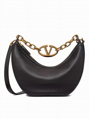 Valentino Small Vlogo Moon Hobo Bag In Grainy Calfskin With Chain Black