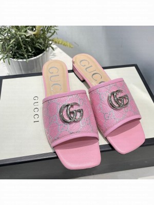 Gucci GG Silver Lamé Canvas Slide Sandals Pink 2021 Collection