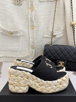 Chanel cotton platform double C slipper black heel 8cm 2025