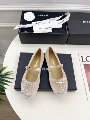 Chanel mary janes velvet CC crystal logo beige 2025